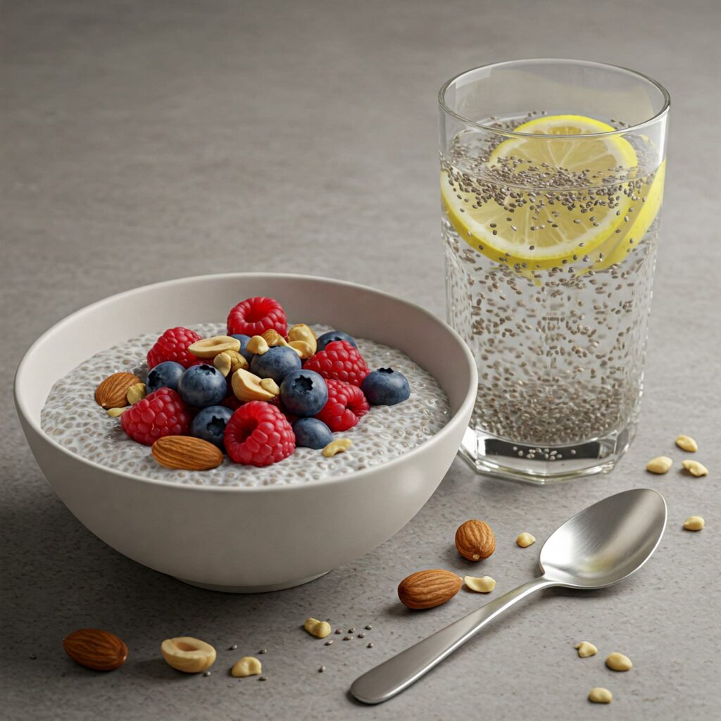 A bowl of chia seed pudding topped with berries and nuts, placed beside a glass of water infused with chia seeds and lemon slices. Chia seed pudding and infused water for enhancing skin glow and hydration