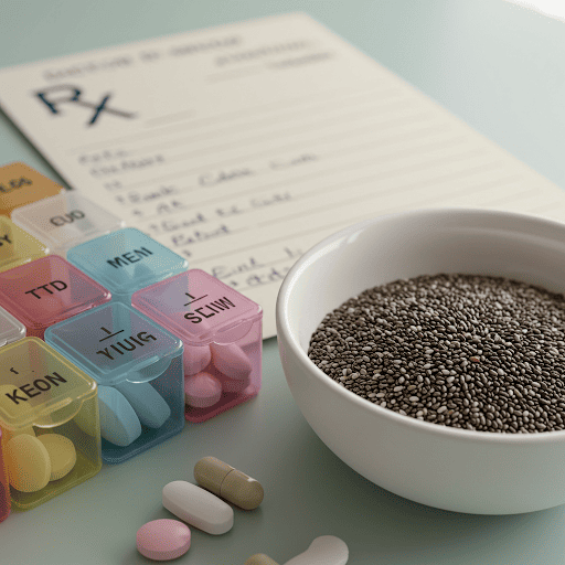 Chia seeds benefits and medication interactions depicted with pills and chia seeds Chia seeds benefits and medication interactions depicted with pills and chia seeds