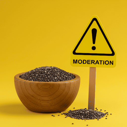 Chia seeds benefits and potential side effects highlighted with caution sign and chia seeds Chia seeds benefits and potential side effects highlighted with caution sign and chia seeds