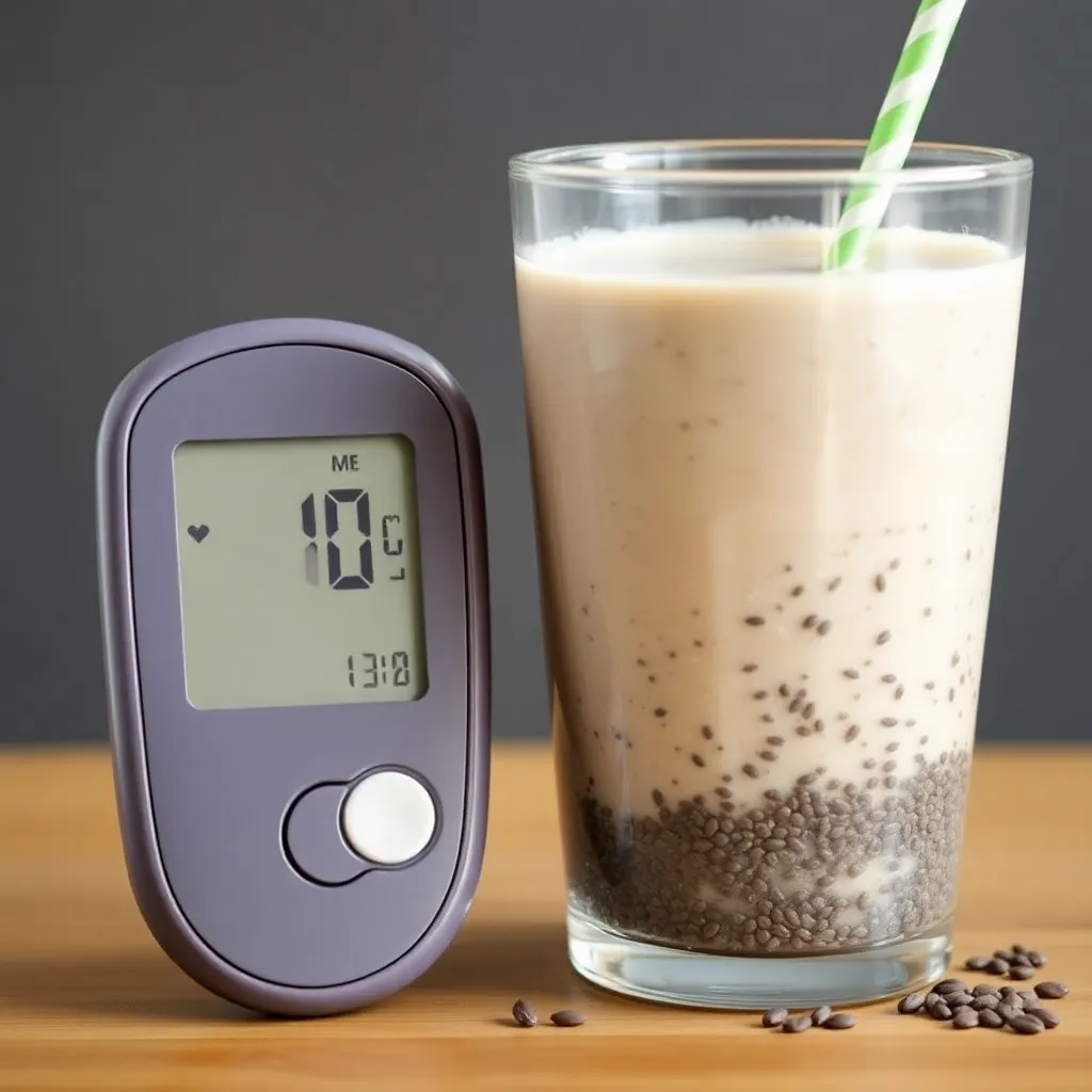 Chia seeds benefits for diabetes management shown with glucose monitor and chia smoothie Chia seeds benefits for diabetes management shown with glucose monitor and chia smoothie