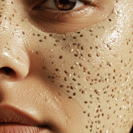 Chia seeds benefits for skin health shown with chia seed facial mask on glowing skin Chia seeds benefits for skin health shown with chia seed facial mask on glowing skin