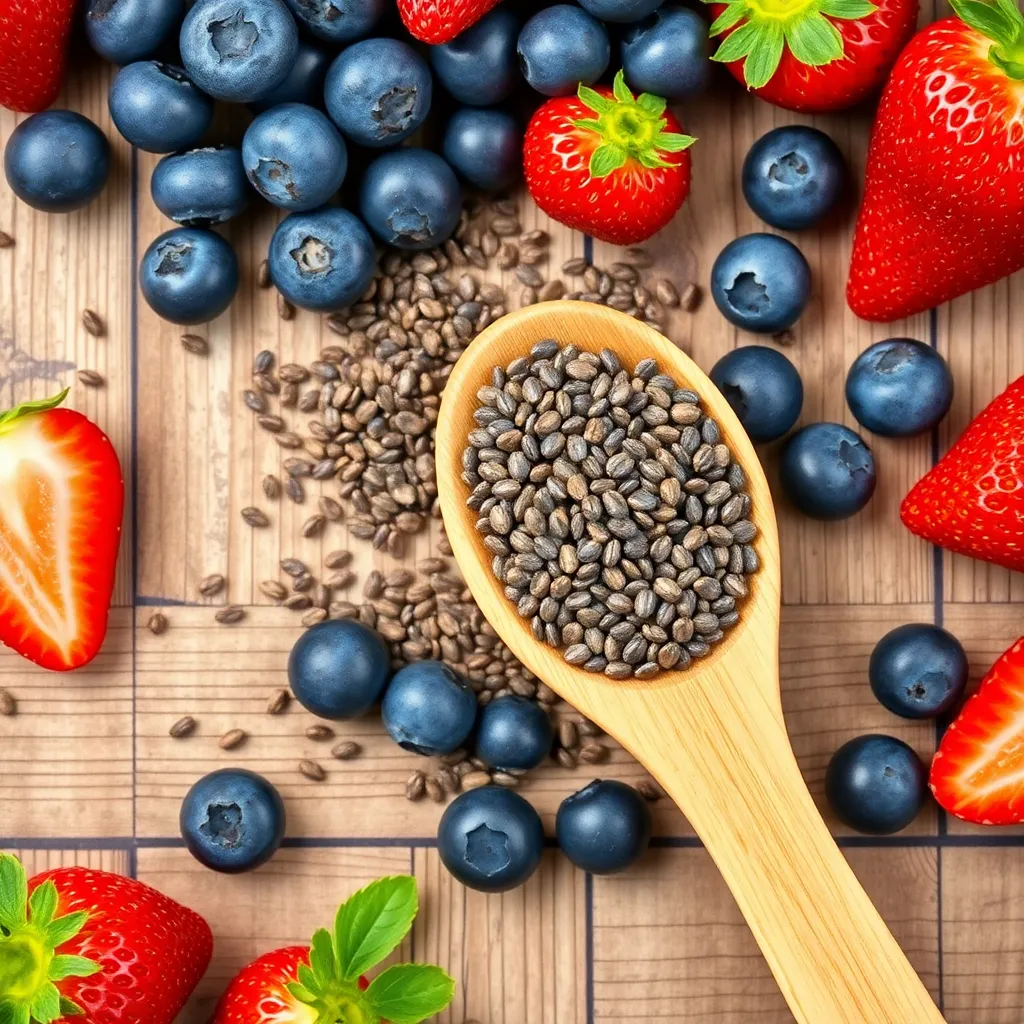 Chia seeds benefits highlighted with a wooden spoon of chia seeds and fresh fruits on a rustic table