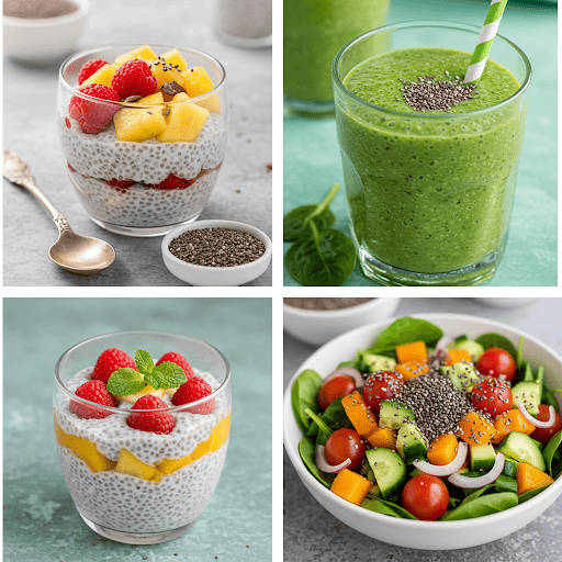 Chia seeds benefits in daily diet showcased with various chia-infused dishes Chia seeds benefits and daily intake represented by measuring spoon and meal planner